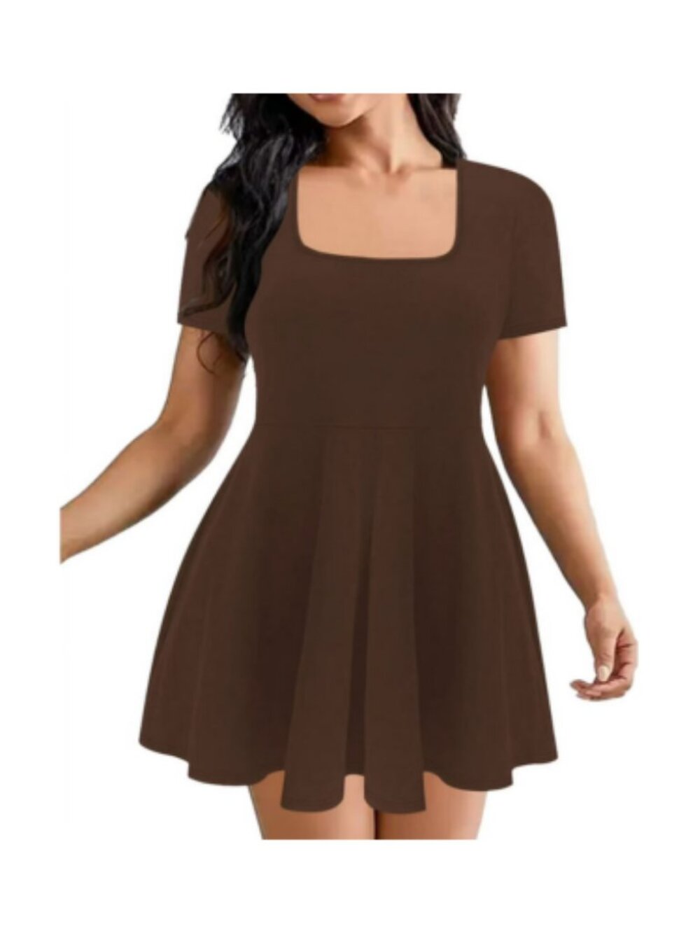 Women'S Mini Dress Square Neck Short Sleeve Ruffle Hem Dresses with Built in Sho